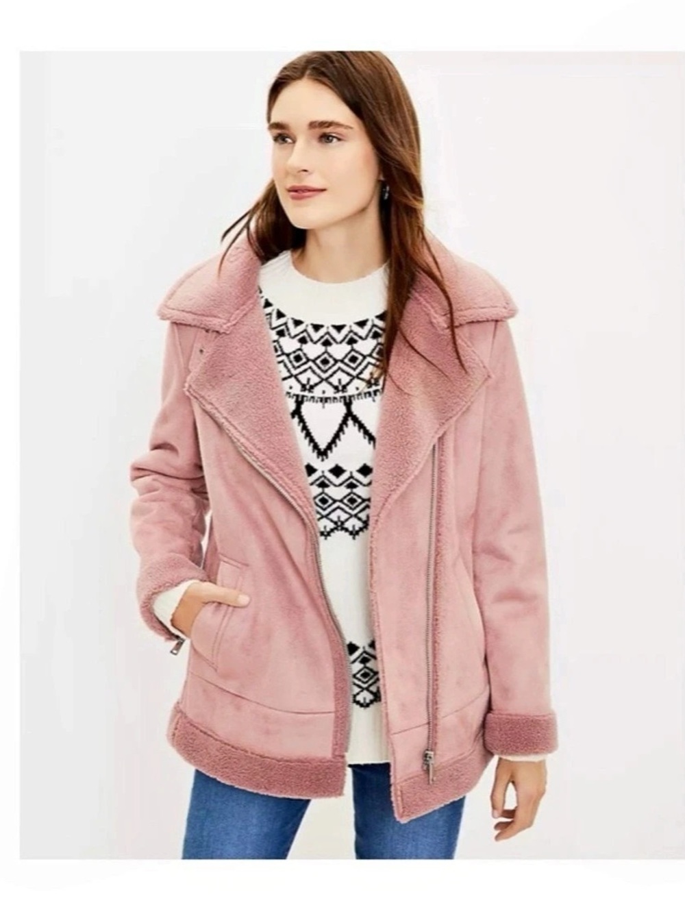 LOFT Faux Suede Aviator Jacket Pink Moto Jacket